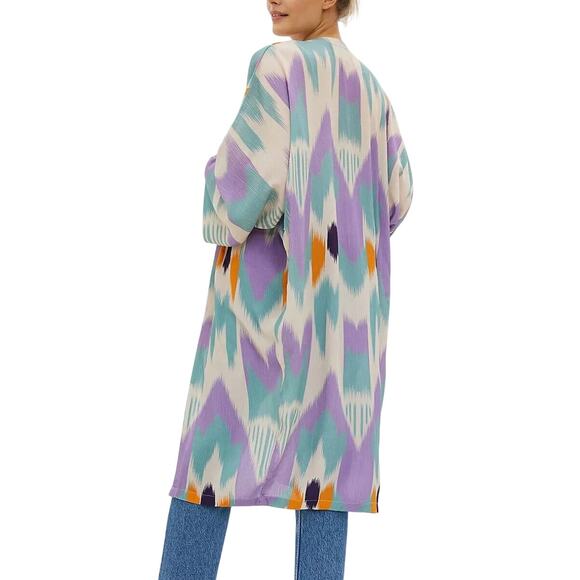 Anthropologie Bel Kazan OS Colorful Artisan Print Layering Open Kimono Duster - Picture 2 of 14